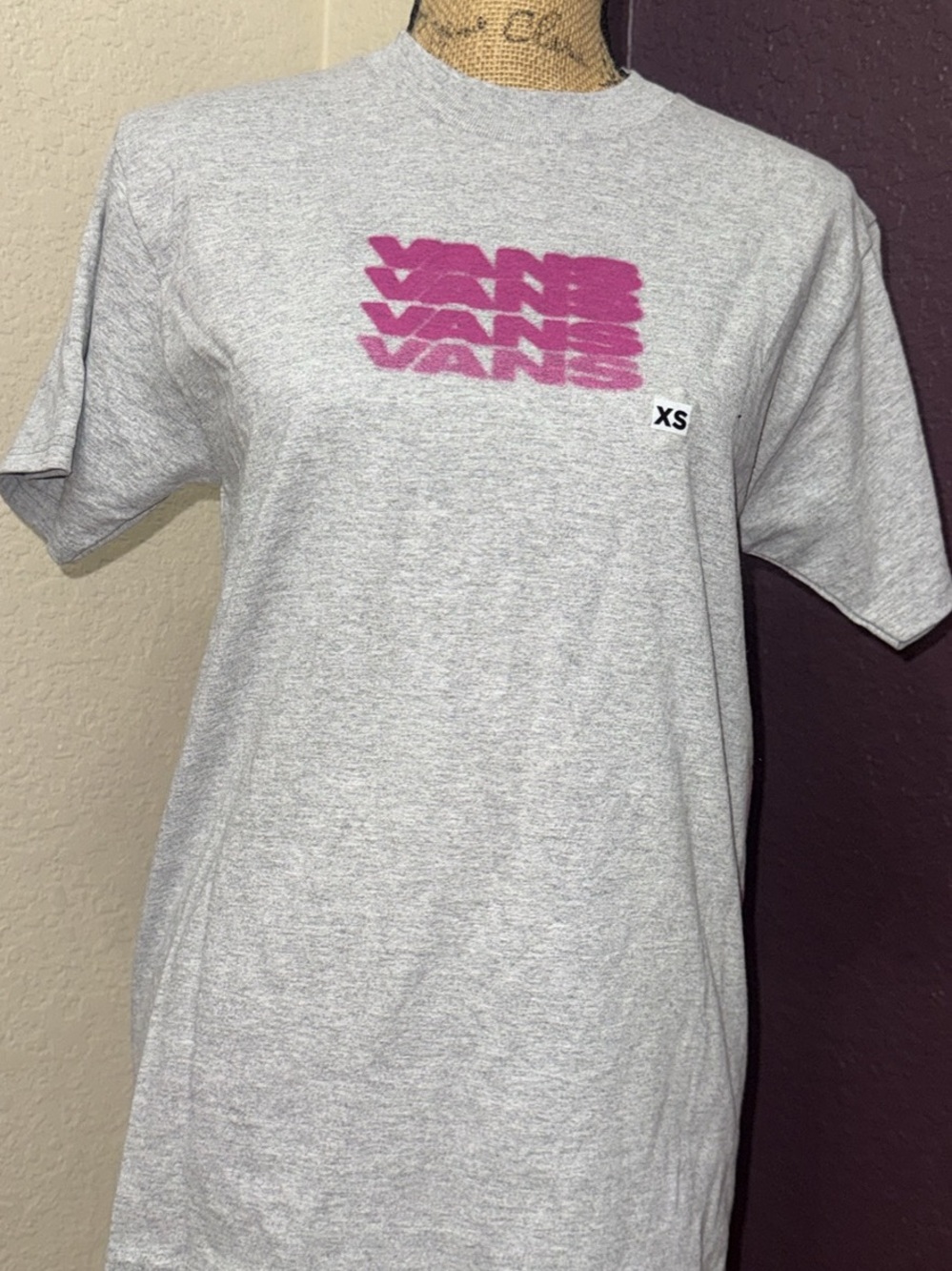Vans Gray Short Sleeve Tee with Pink Stacked Logo